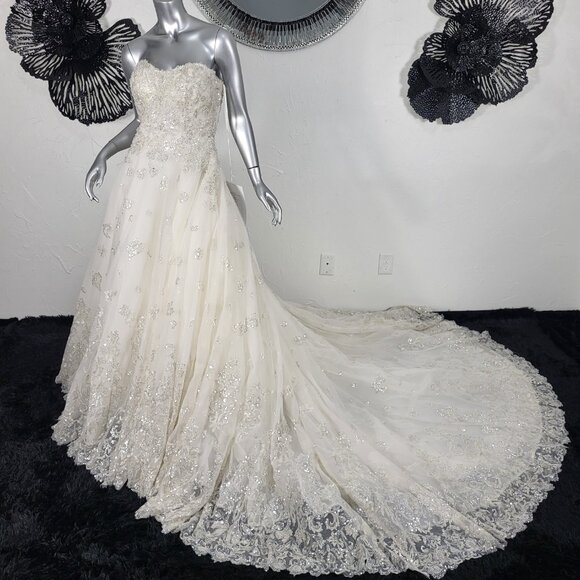 NWT~$2K~ALLURE COUTURE BRIDAL~6/8~IVORY CHAMPAGNE SEQUIN STRAPLESS WEDDING DRESS - Picture 1 of 16